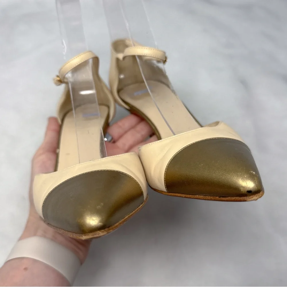 CHANEL CC Vintage 90s Y2K leather Cap Toe Mid Height Heels Pumps Gold Retro 38
